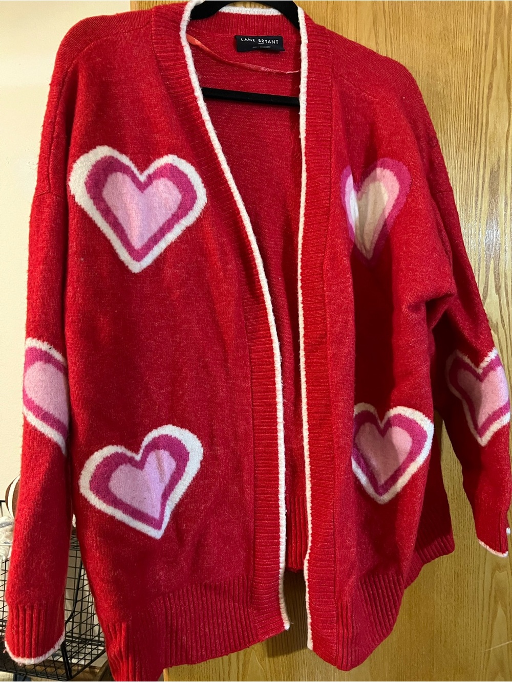 Lane Bryant Red Open Cardigan with Pink and White Hearts